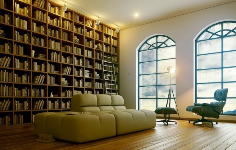 bibliothèque contemporaine design bois canapé idée aménager parquet bois