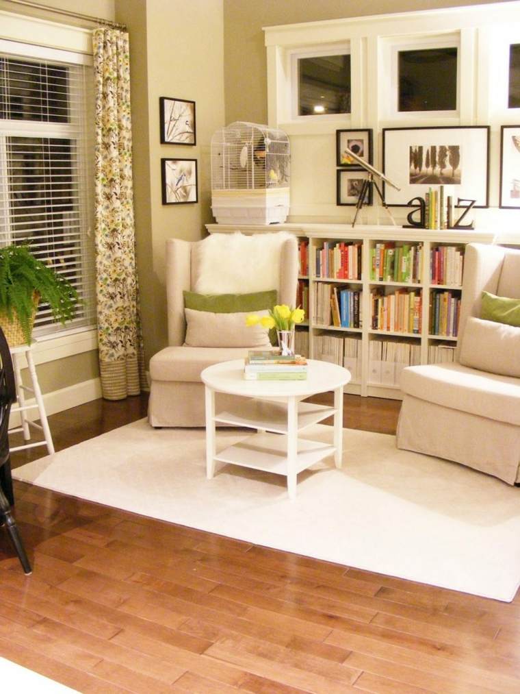bibliothèque design aménager espace salon idée table basse fauteuil blanc