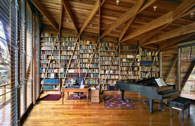 bibliothèque contemporaine en bois design rangement salle de lecture piano à queue