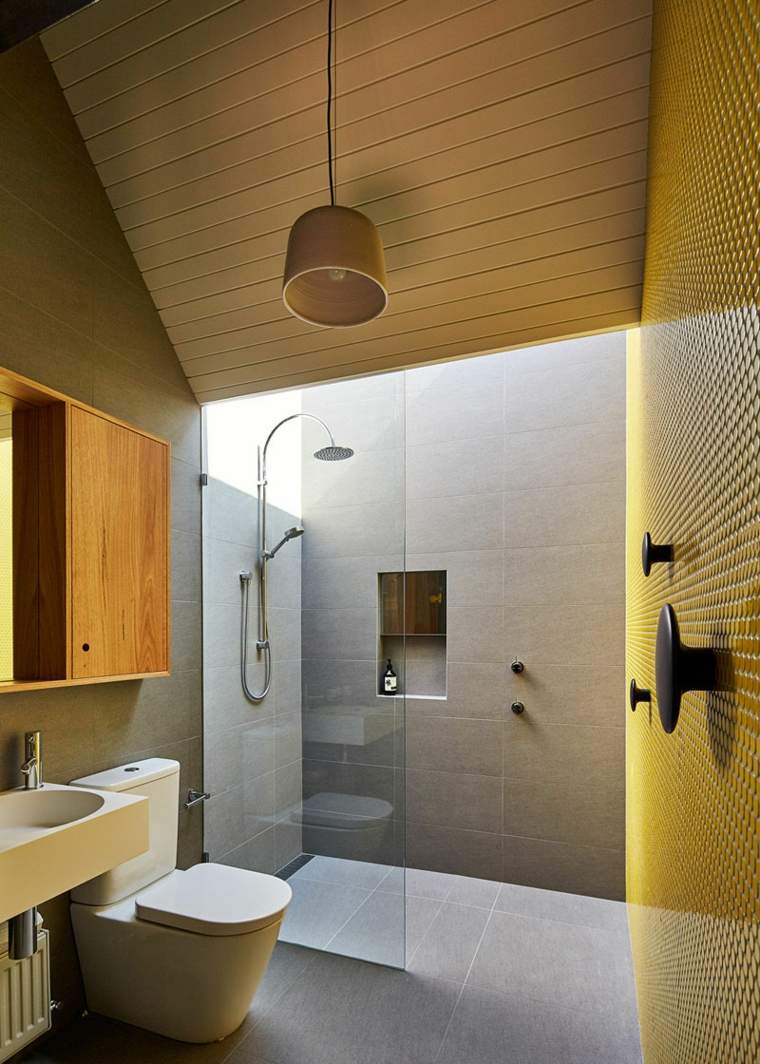 salle de bains toilettes aménager espace cabine de douche idée luminaire suspension
