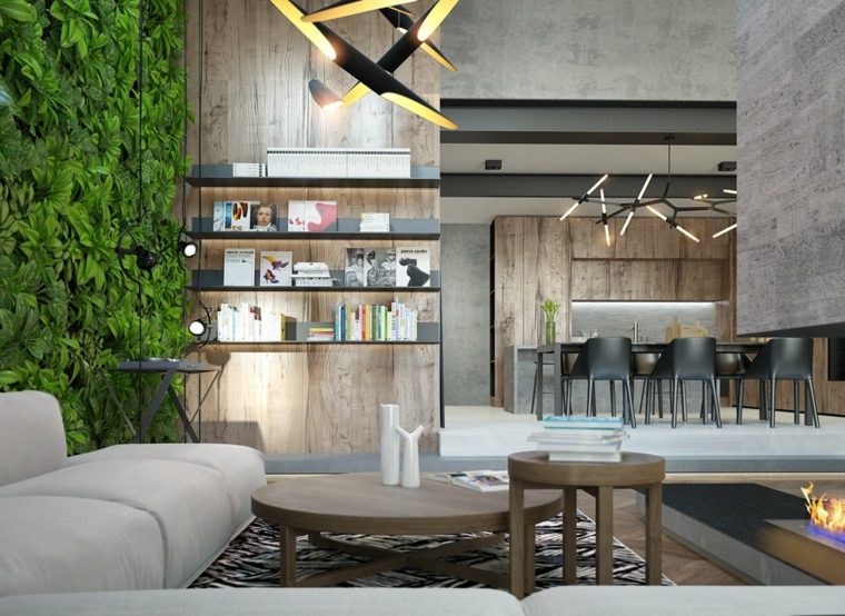 appartement moderne table bois idée tapis sol étagères design 