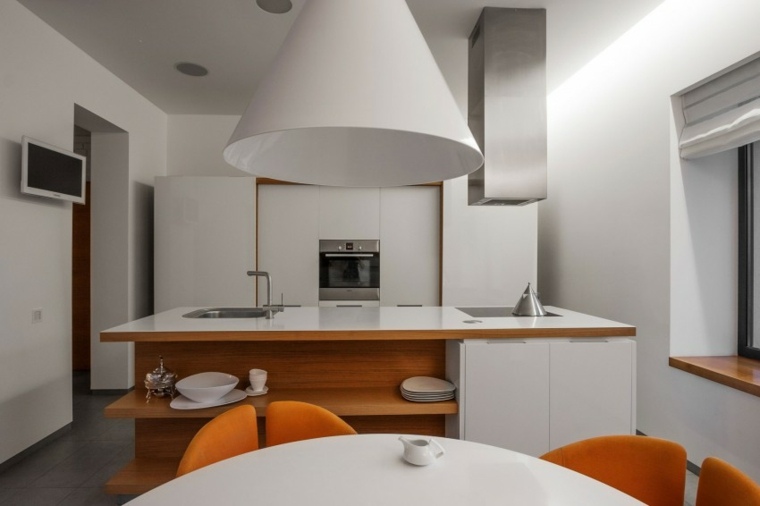cuisine blanc et bois design salle à manger idée
