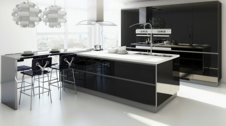 Îlot central cuisine noir blanc aménager espace moderne luminaire suspension