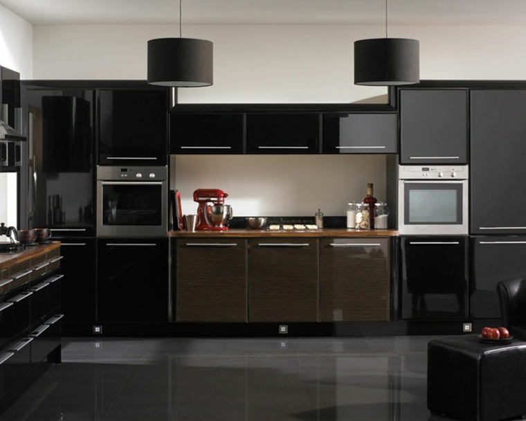 aménager intérieur cuisine noir bois luminaire suspension ilot laqué