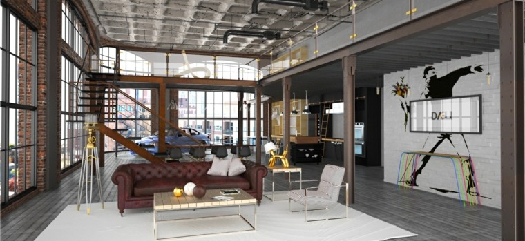 loft déco salon canapé cuir aménager espace moderne idée tapis de sol fauteuil design 