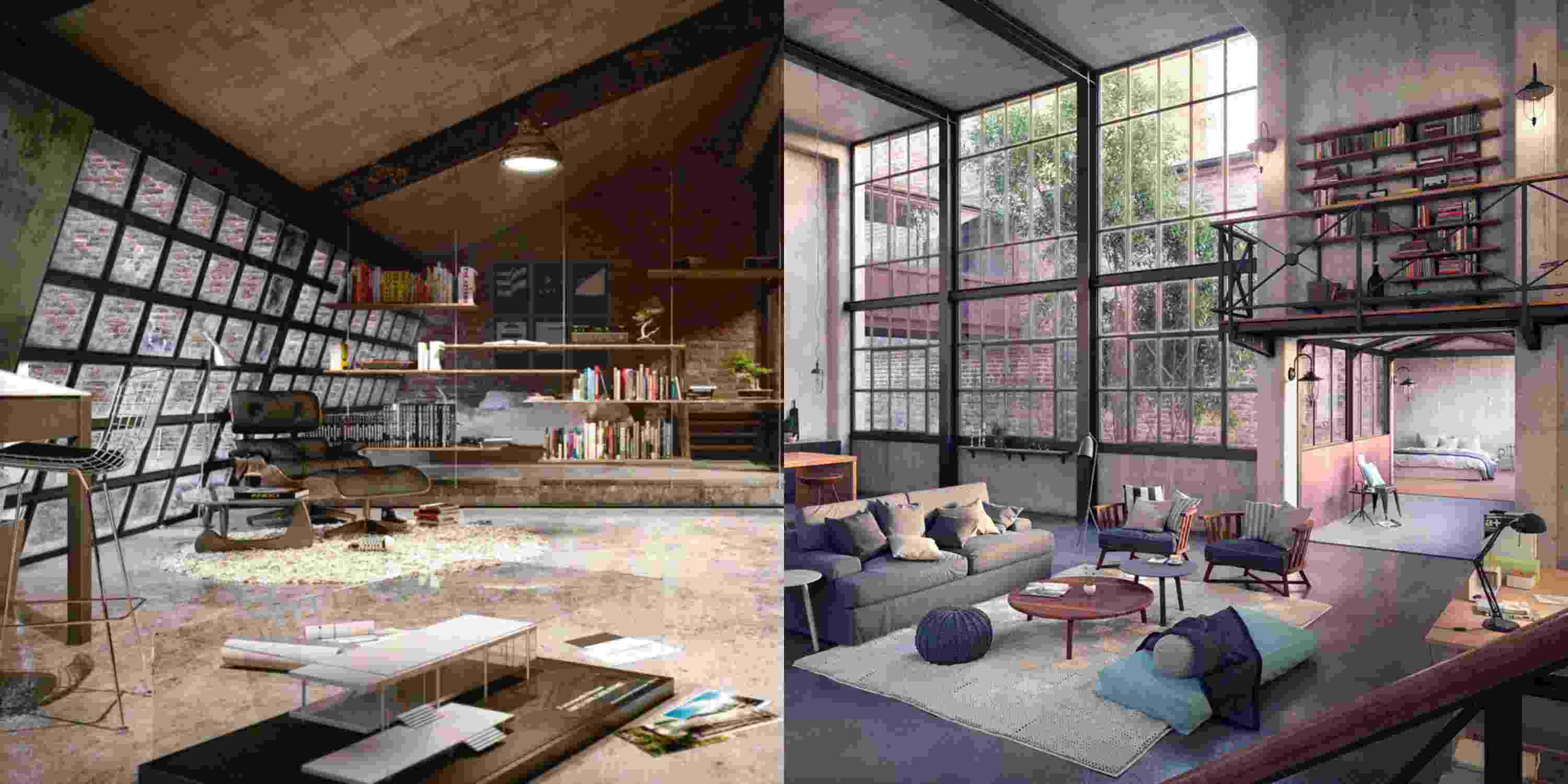 loft industriel aménager espace design moderne canapé salon