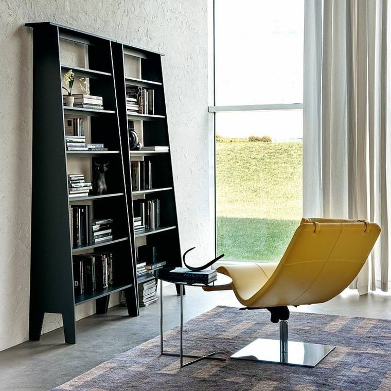 bibliothèque moderne bois noir design fauteuil jaune tapis sol