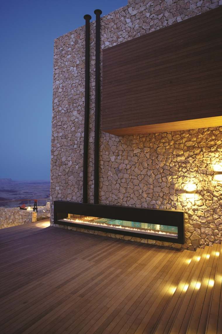idees cheminée d'extérieur deco terrasse moderne sol bois