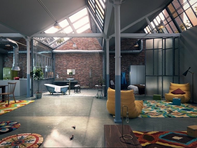 espace loft aménager style industriel fauteuil jaune tapis de sol moderne idée sol design mur briques 