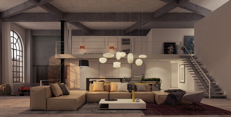 loft industriel aménager salon canapé idée luminaire suspension 
