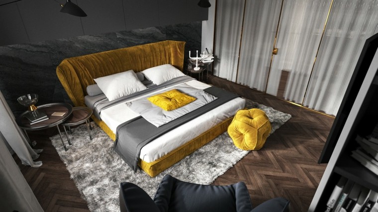chambre à coucher aménager idée lit design moderne tapis sol 