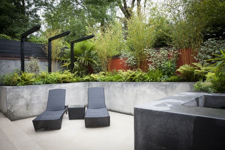 jardin design moderne chaises longues