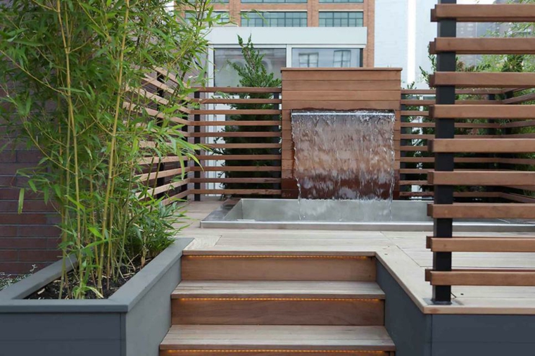 amenager un jardin paysager terrasse fontaine eau moderne