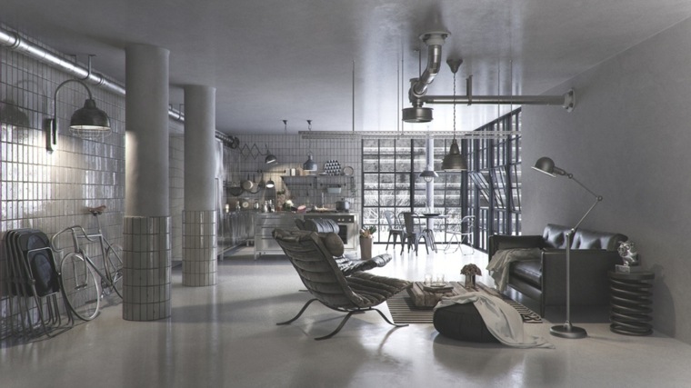 loft style industriel aménager salon fauteuil cuir moderne mur briques 