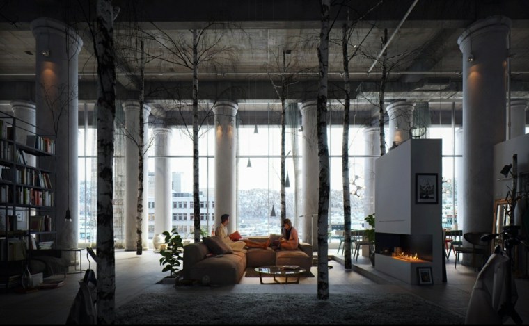 idée loft aménager espace salon fauteuil canapé suspension moderne cheminée