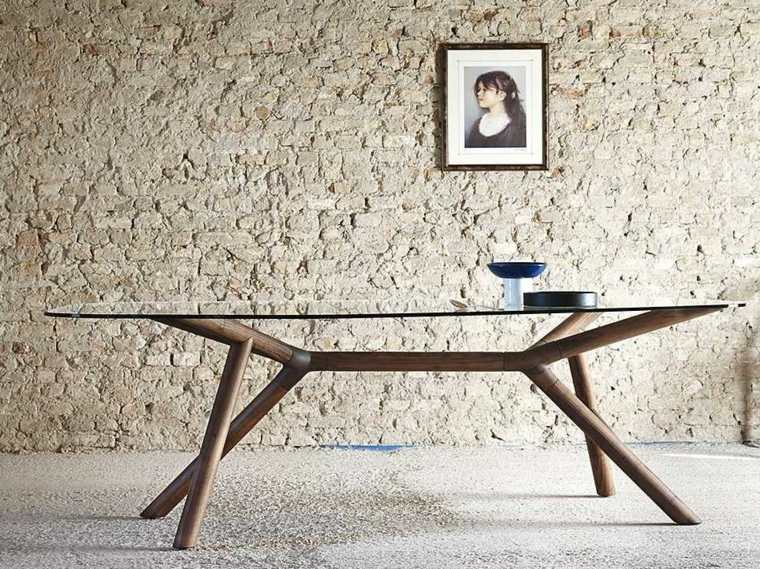 table en bois idée design verre déco mur briques cadre tableau