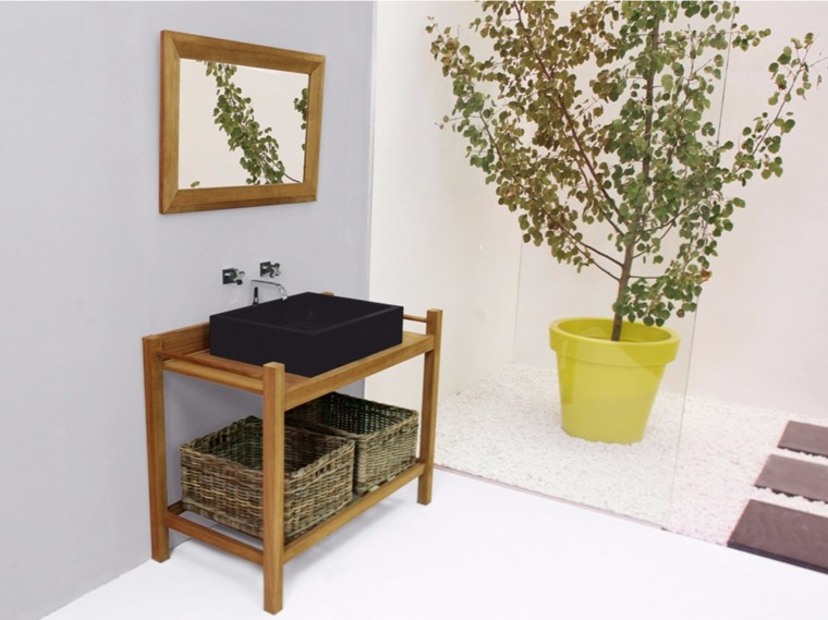 meuble bois salle de bain miroir cadre plante idée rangements