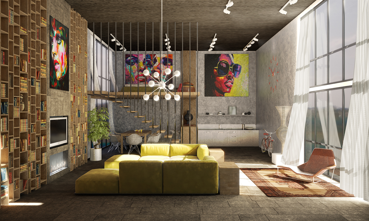 loft rétro design déco mur briques canapé salon jaune