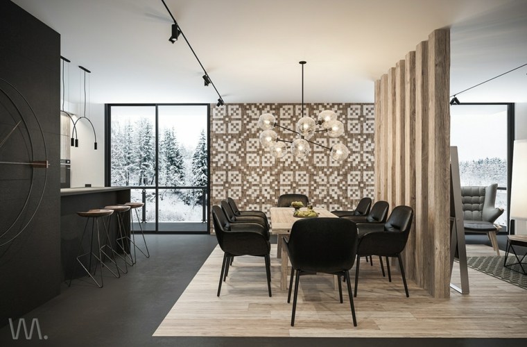 habillage mural salle à manger idée table en bois chaises luminaire suspension