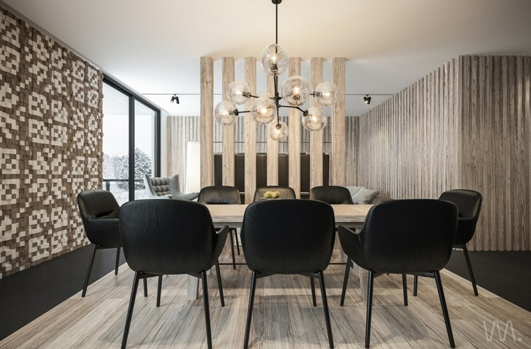salle à manger mur habillage bois design table en bois chaise noire