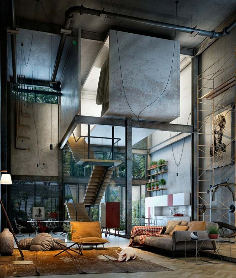 salon intérieur industriel moderne fauteuil jaune idée tapis de sol canapé