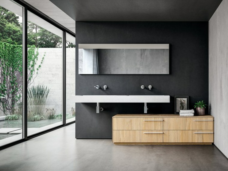 meuble salle de bain en teck design aménager espace moderne fenêtre idées