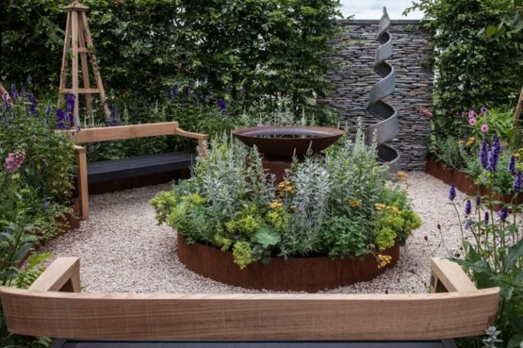 aménager un jardin moderne cour banc en bois bordure jardin