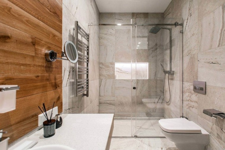 salle de bain bois marbre cabine douche toilettes suspendues
