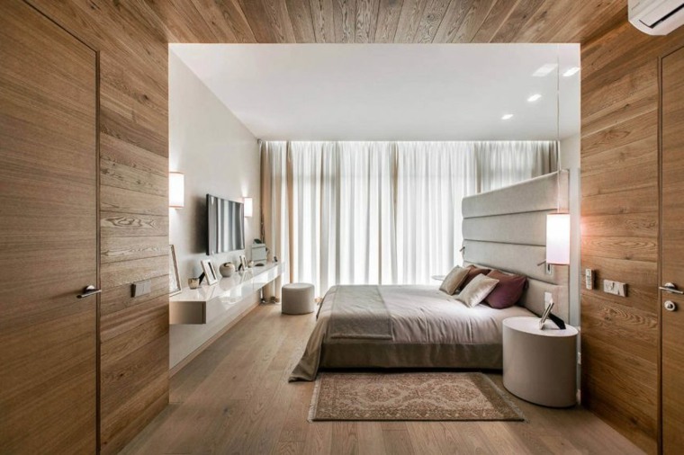 chambre à coucher bois lit tête de lit moderne étagères rangement déco