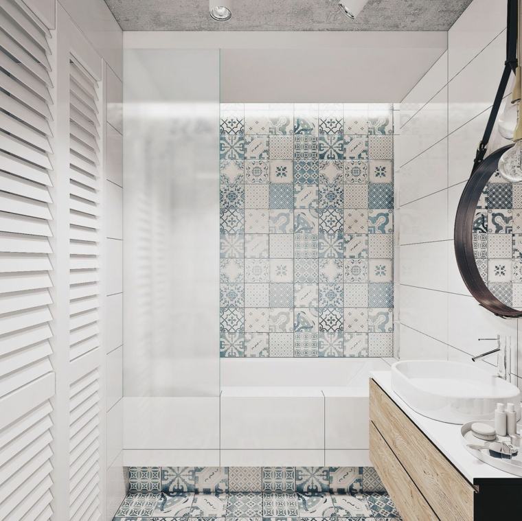 salle de bains design carrelage marocain baignoire bois meuble miroir rond