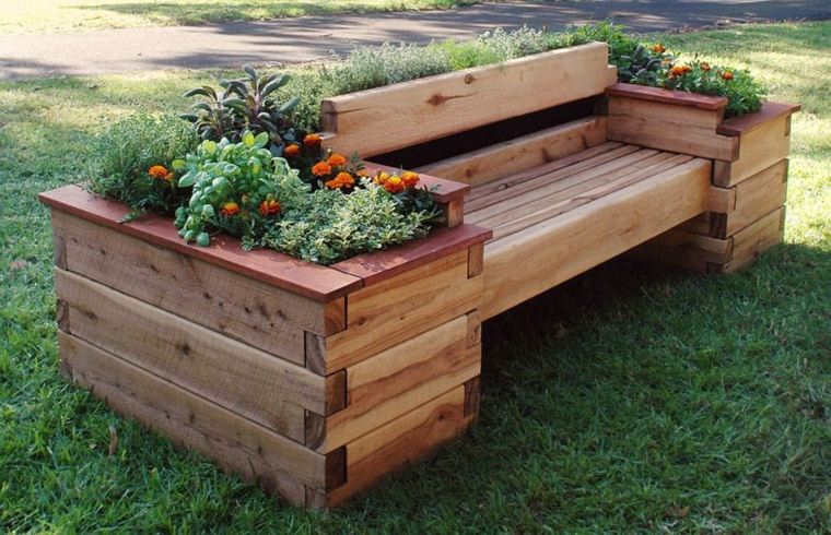 banc de jardin bois jardinières idée aménager extérieur espace mobilier