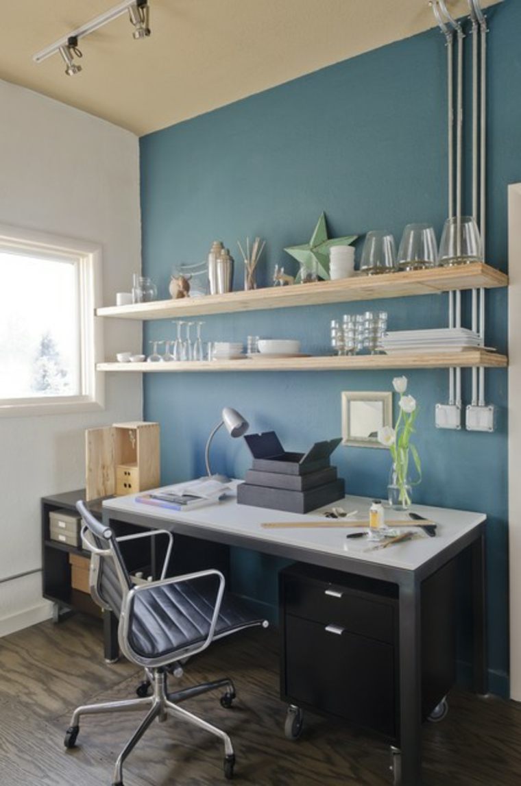 bureau à domicile mur accent bleu