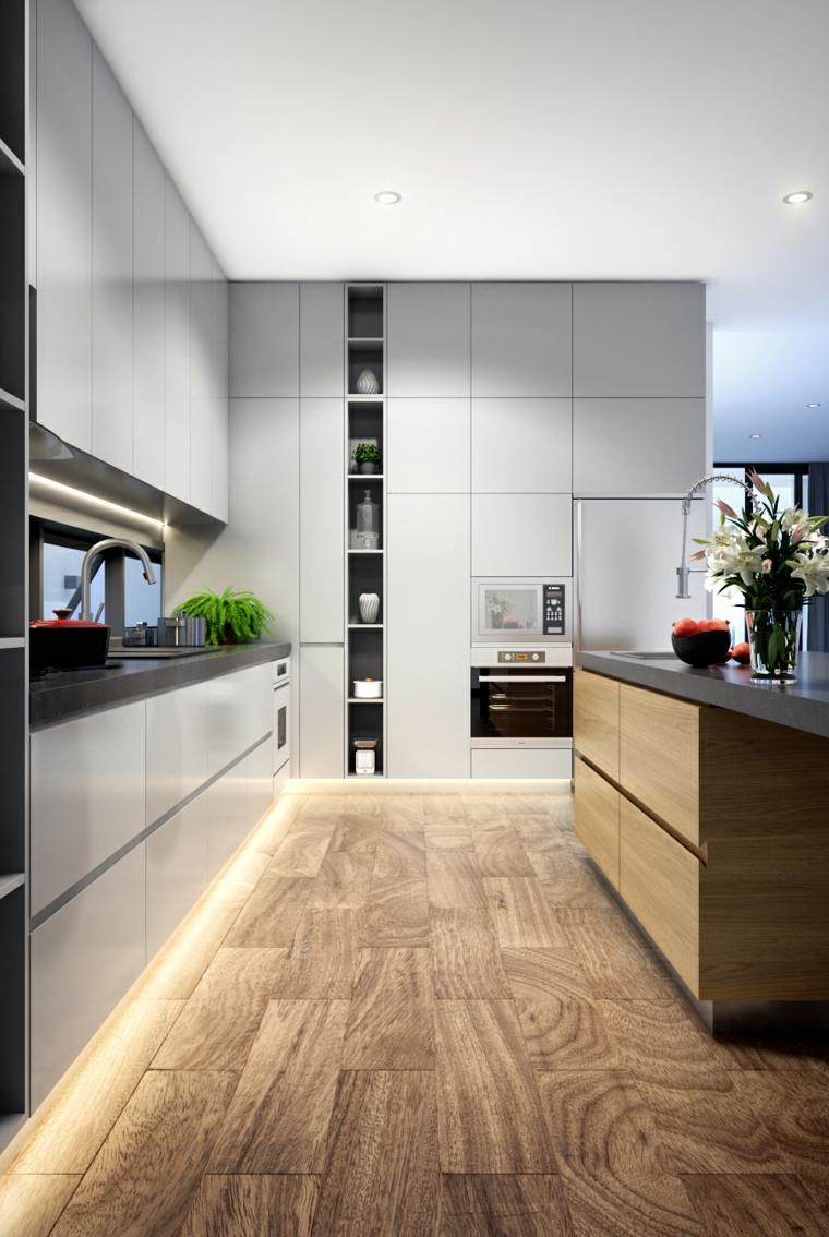 cuisine design bois parquet aménager espace stockage ilot bois gris