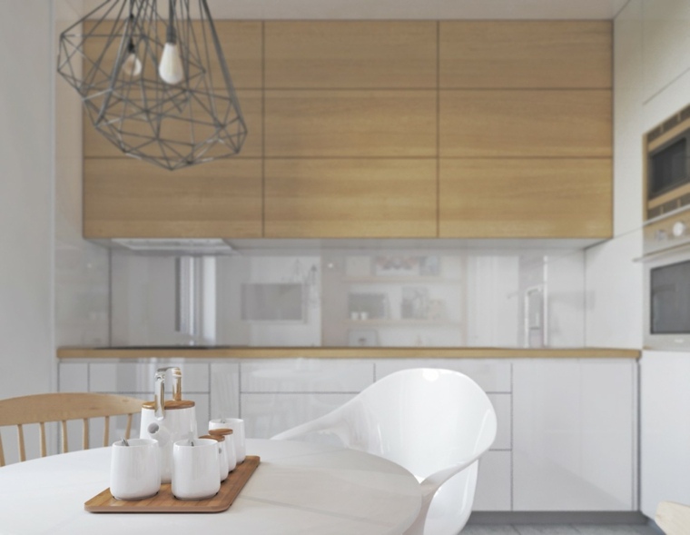 cuisine blanche bois design minimaliste luminaire suspension industriel chaise design 