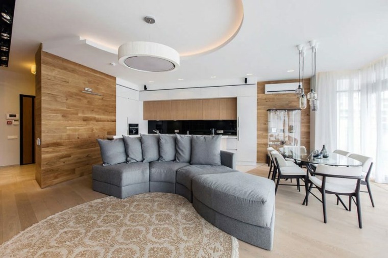 appartement design moderne idée canapé salon coussins salle à manger séjour