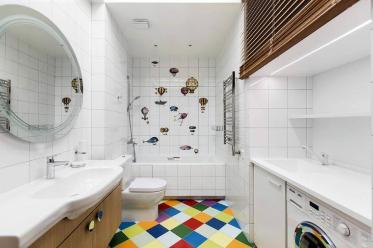 déco idée baignoire carrelage toilettes miroir rond cabine douche