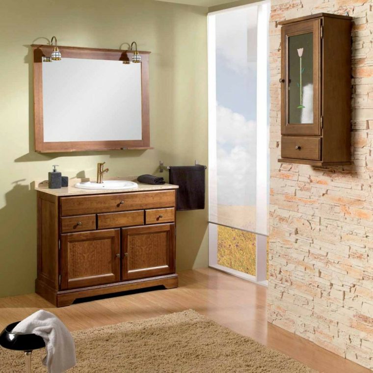 salle de bains rustique miroir cadre bois meuble tapis sol beige