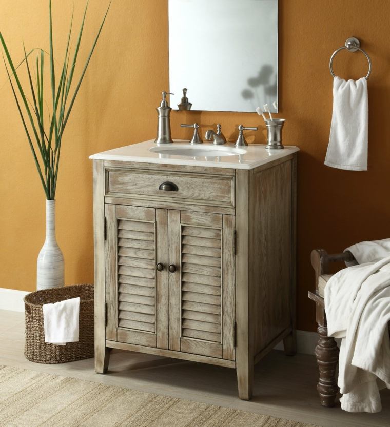 meuble bois salle de bain idée miroir déco mur orange
