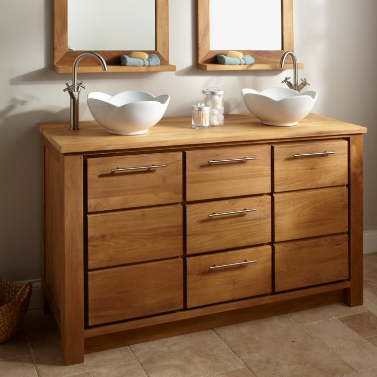meuble salle de bain bois évier miroir cadre bois carrelage