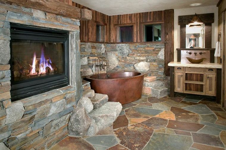 salle de bain moderne idée bois design baignoire pierres