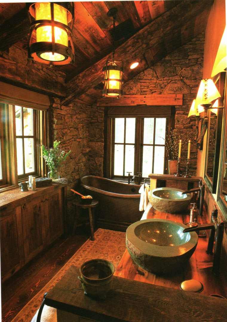 salle de bain rustique pierre bois éclairage idées