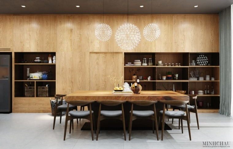 salle à manger design bois chaise luminaire suspension idée 