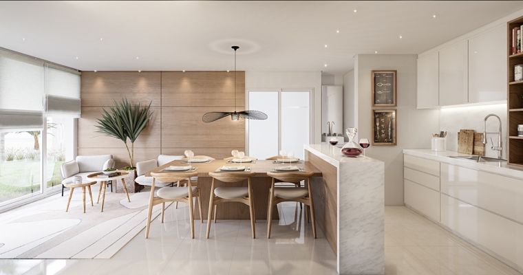 salle à manger design contemporain cuisine blanc et bois