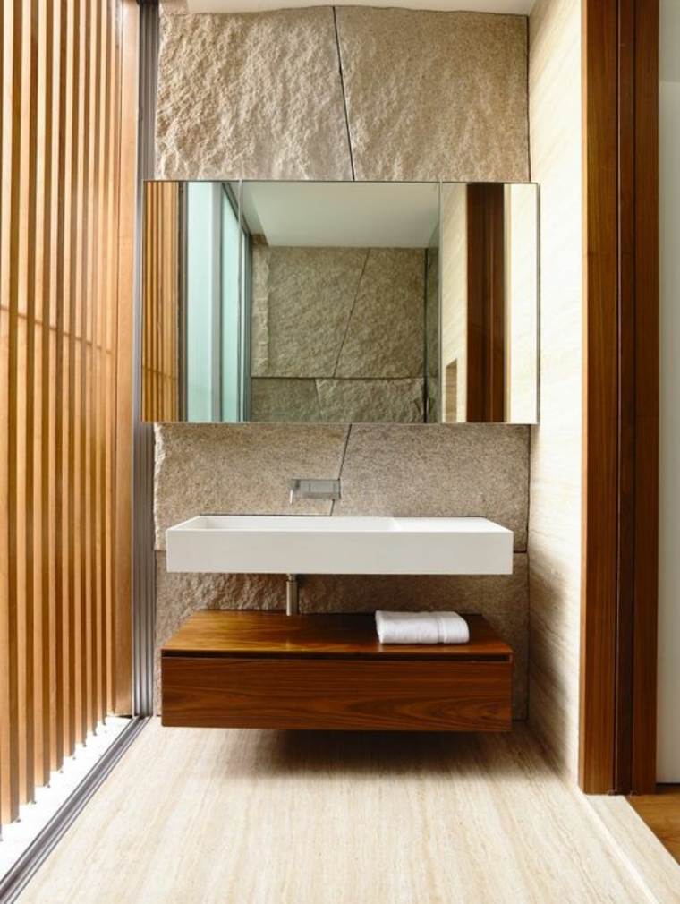 salle de bain pierre naturelle idée aménager espace bois