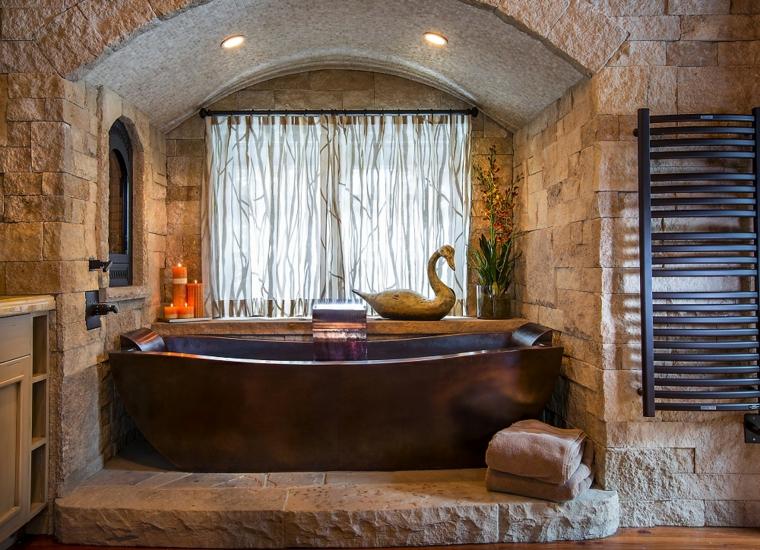 salle de bain bois rustique baignoire pierre mur idée tendance