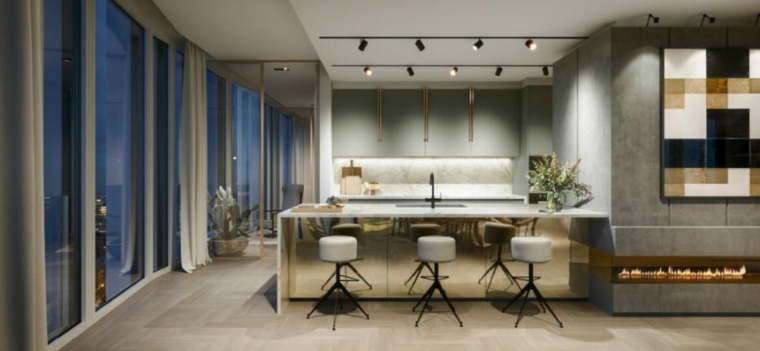 cuisine design moderne tabouret ilot central plafond éclairage
