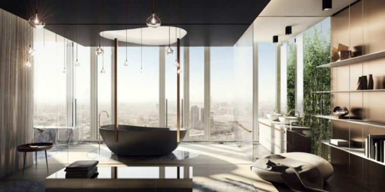 appartement de luxe baignoire luminaire suspension étagères moderne design