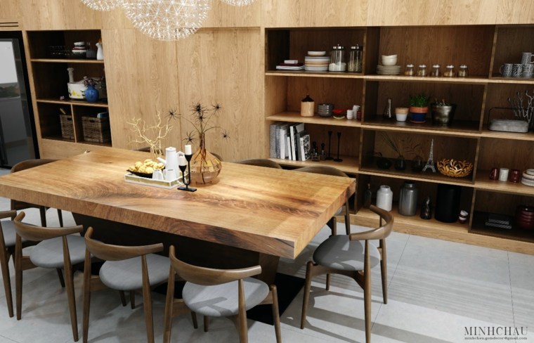 salle à manger aménager design table à manger bois rustique chaise étagère rangement