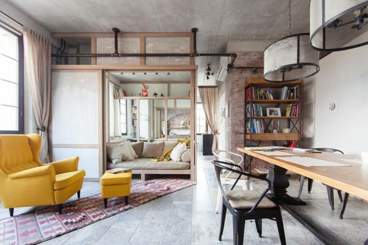appartement design industriel moderne fauteuil table bois tapis sol