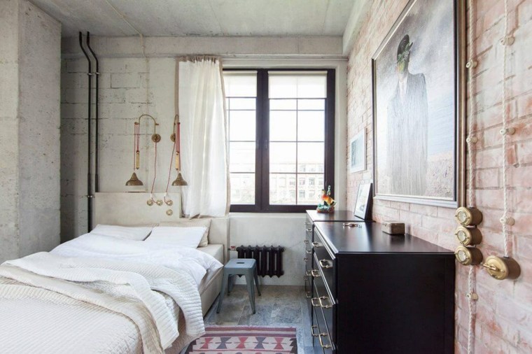 chambre à coucher mur briques design moderne commode bois noir tapis sol